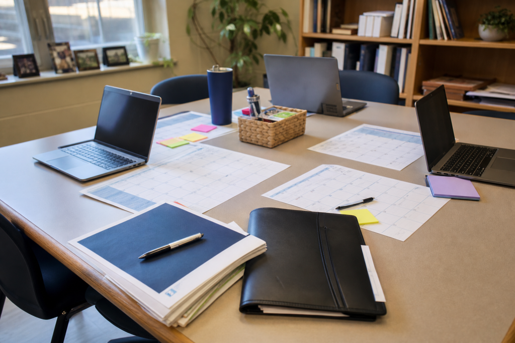 School leaders and educators review onboarding materials and calendars around a table during a structured pilot planning meeting.