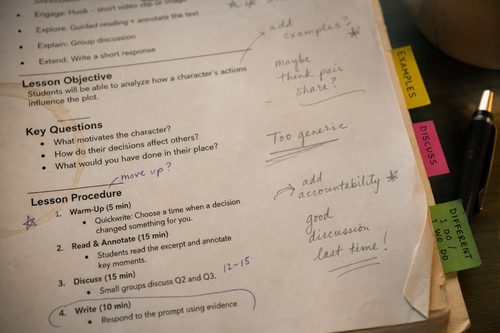 Close-up of a lesson page with handwritten margin notes and sticky tabs, showing how teachers adapt materials in real work.